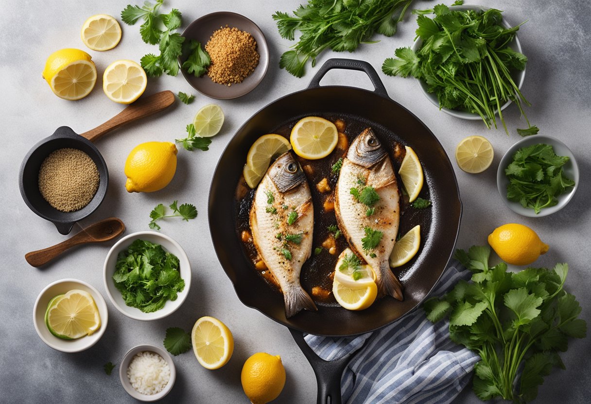 Searing marinated fish in a hot pan, adding spices and herbs, then garnishing with lemon and cilantro