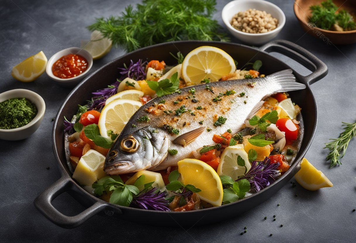 A sizzling hot plate of Apollo fish, garnished with fresh herbs and lemon slices, surrounded by a variety of colorful spices and condiments