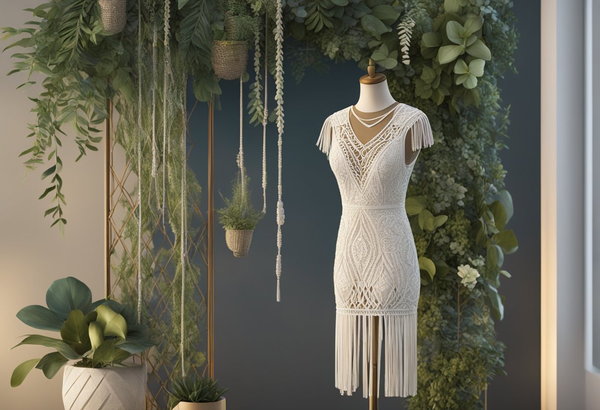 A macrame dress hangs on a sleek mannequin, surrounded by lush greenery and soft lighting, evoking a bohemian vibe