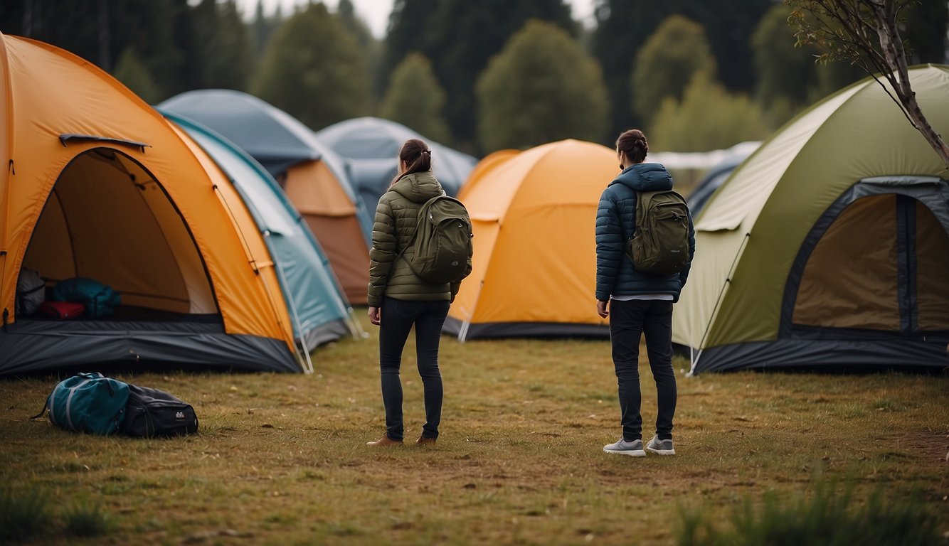 A person comparing different types of tents in a camping store, considering size, weather resistance, and ease of setup