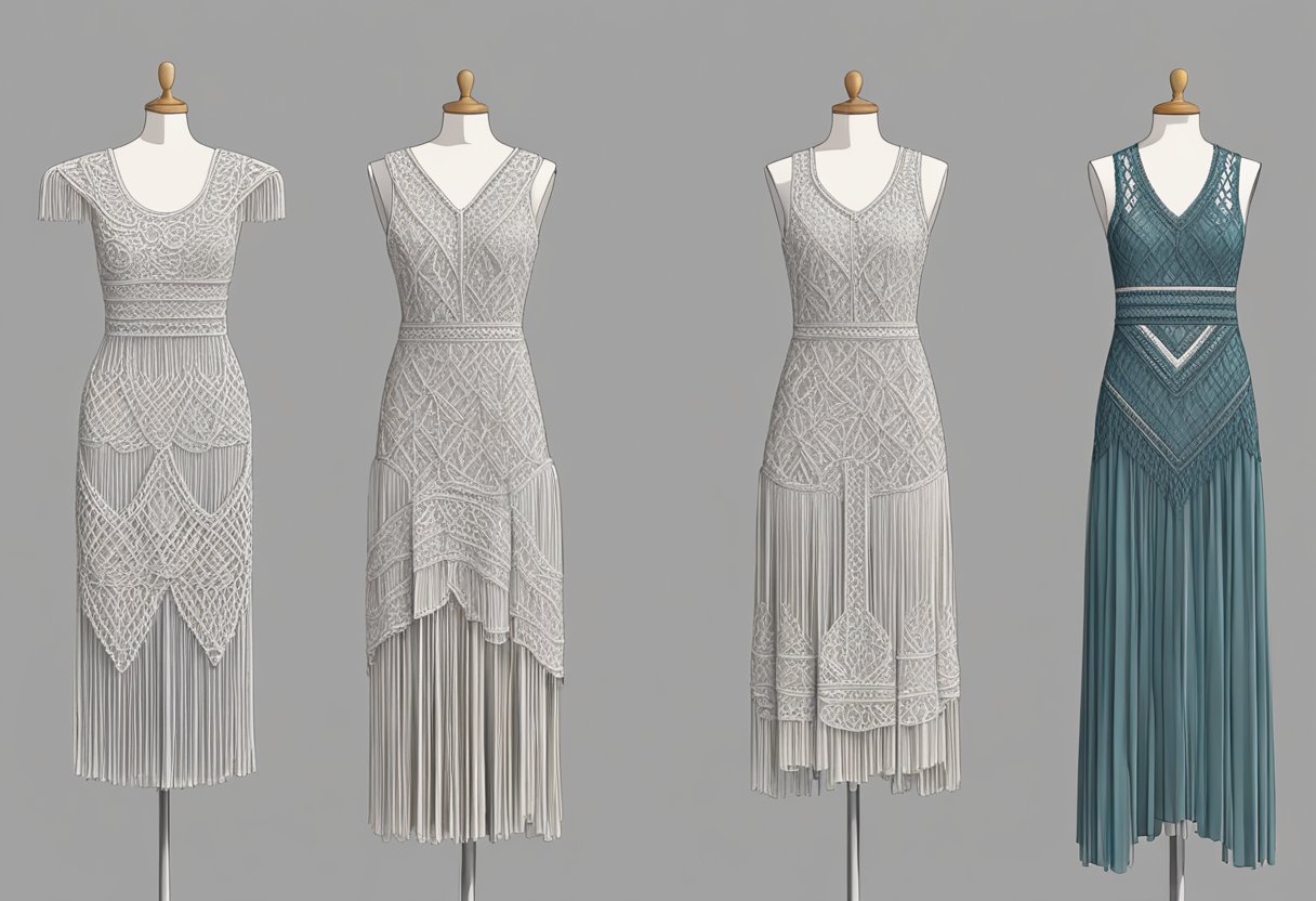 A variety of macrame dresses displayed on mannequins, styled for different occasions such as casual, formal, and beachwear