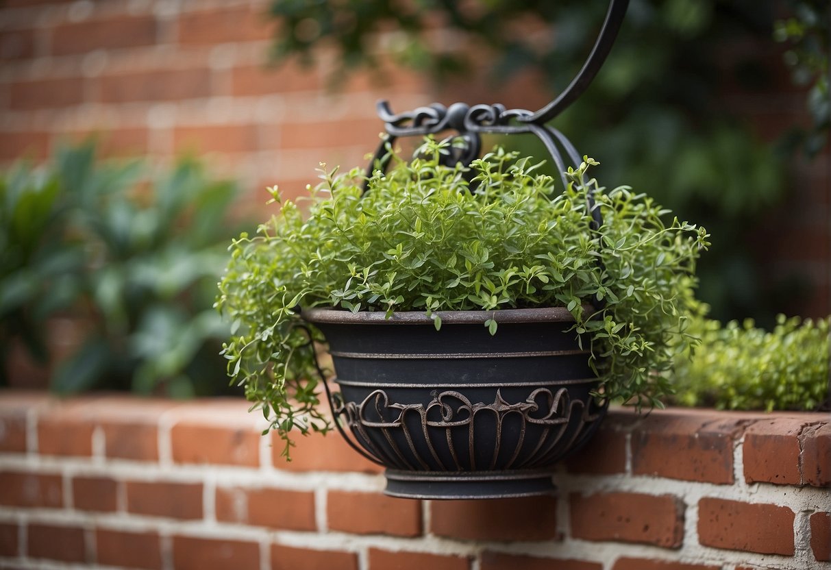 A wrought iron planter hangs on a brick wall, positioned off-center with surrounding greenery