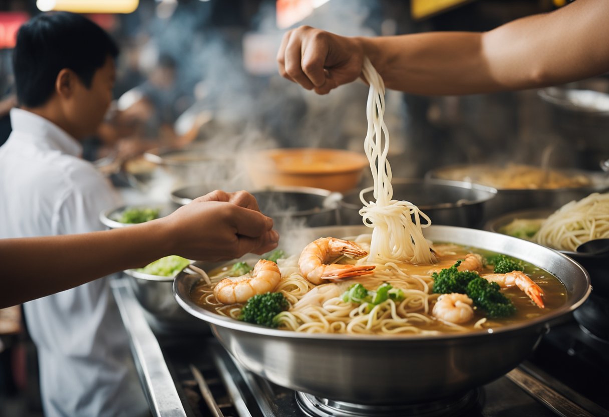 A bustling hawker center with steaming pots of broth, fresh noodles, and fragrant spices. Patrons eagerly slurp up bowls of Amoy Street Prawn Noodle as steam rises into the air