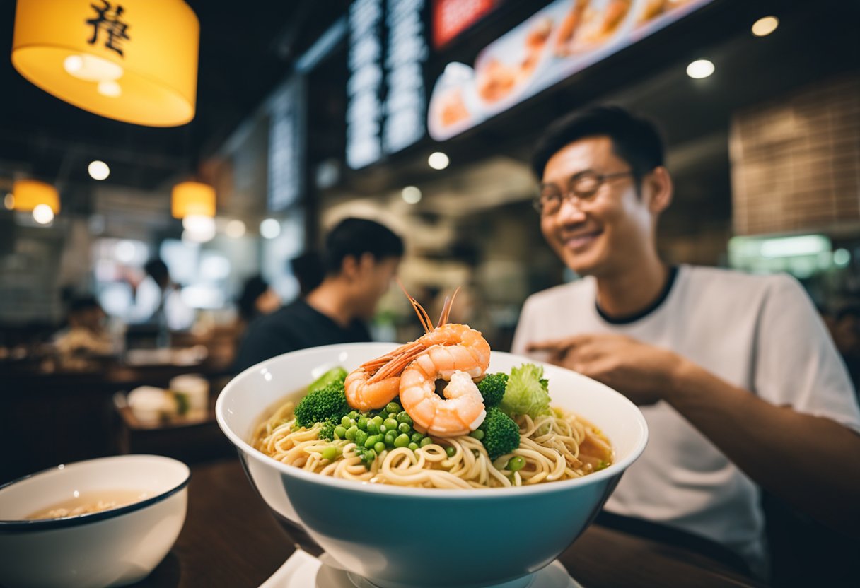 Customers enjoying delicious prawn noodles at Amoy Street. Positive reviews displayed on the wall. Bright, inviting atmosphere