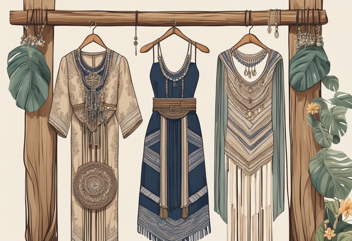 A macrame dress hangs on a rustic wooden hanger, surrounded by bohemian accessories like layered necklaces, woven belts, and fringed sandals
