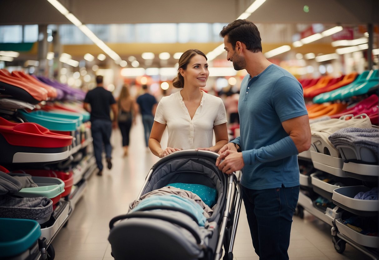 A couple stands in a crowded store, surrounded by rows of colorful prams. They look uncertain, holding a checklist in hand, trying to decide if it's too early to make such a big purchase