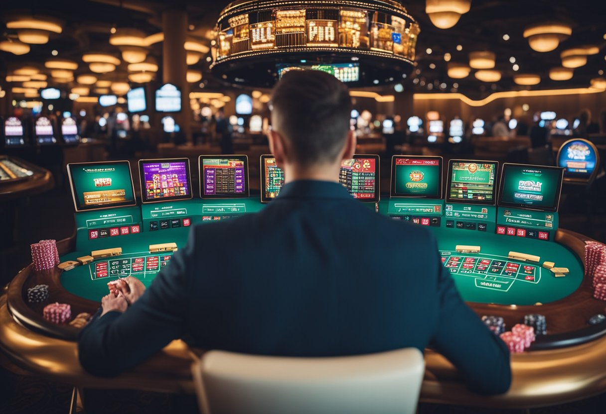 A person browsing online casino websites, surrounded by various pokies games and promotional offers