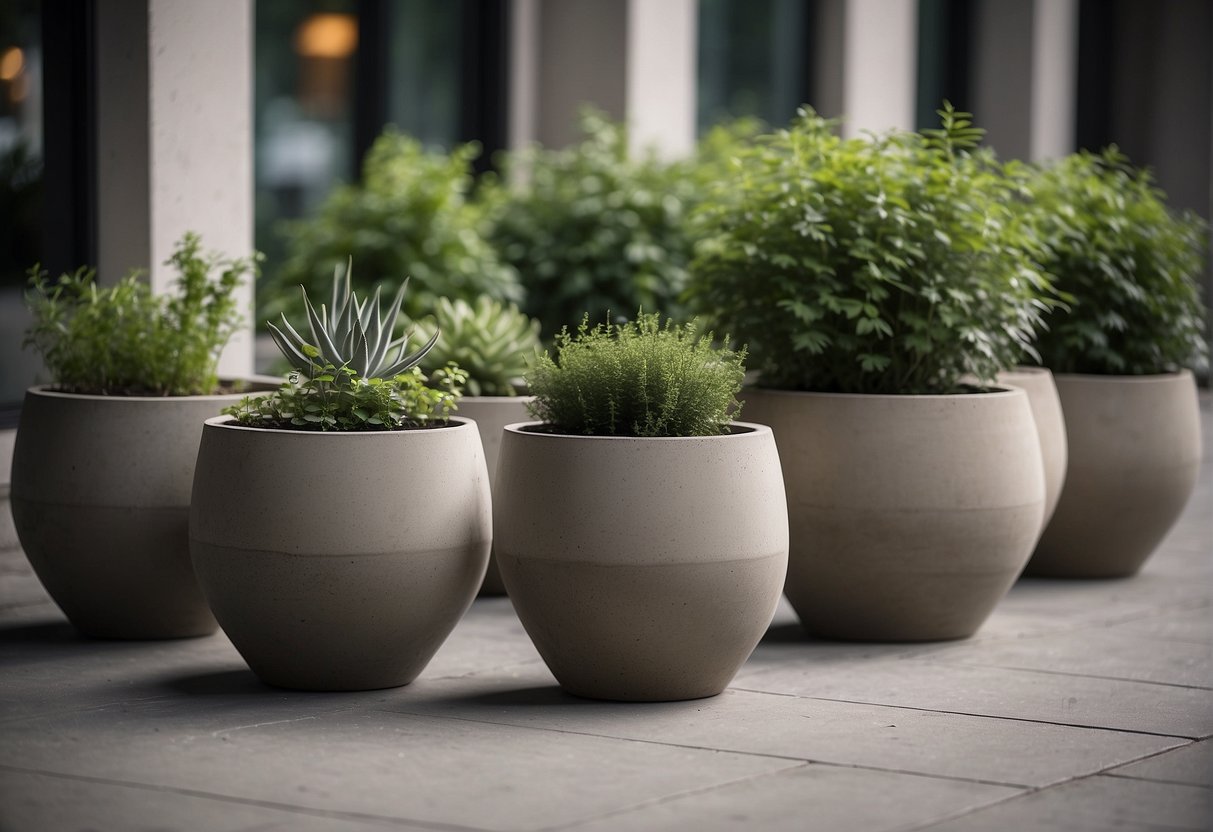 Large concrete pots arranged in a row, varying in size and shape. Some are filled with greenery, while others stand empty, creating a sense of urban tranquility