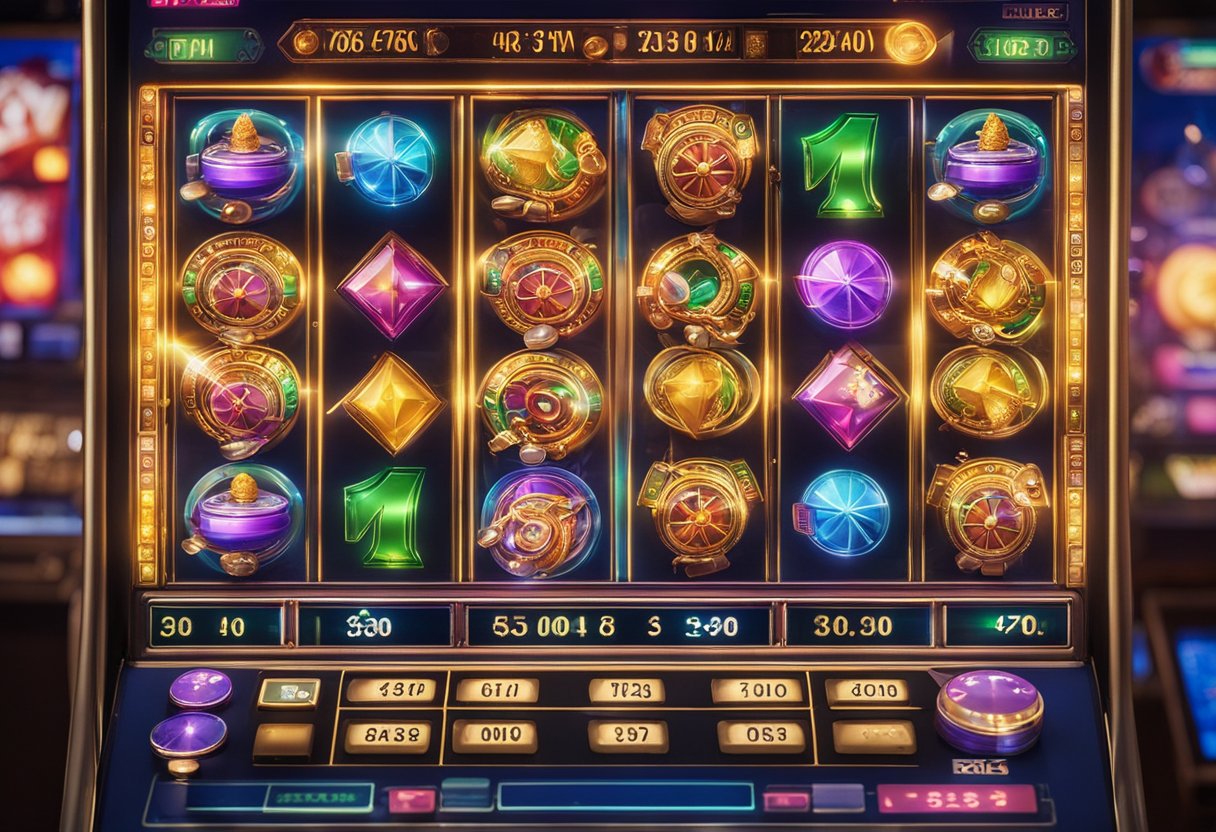 A colorful online pokies game screen with spinning reels, vibrant symbols, and a jackpot counter