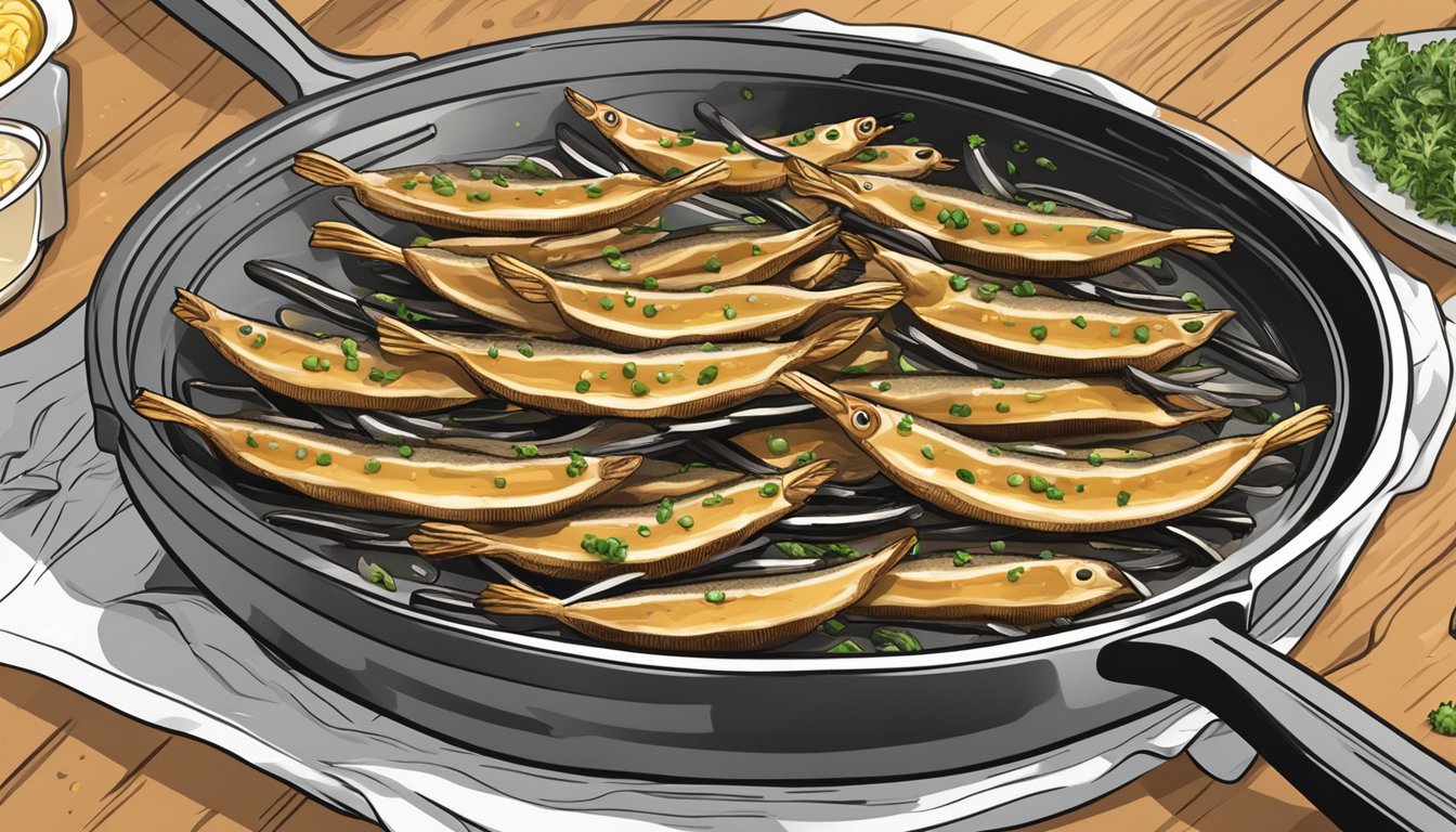Anchovies being seasoned, coated in batter, and fried in a sizzling pan