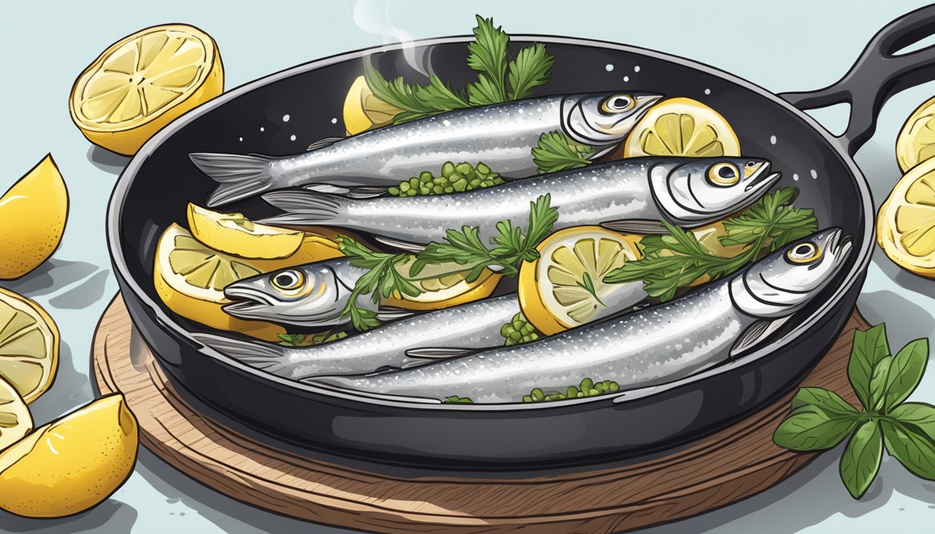 Anchovy fish sizzling in a hot skillet, being carefully flipped and served on a platter with lemon wedges and fresh herbs