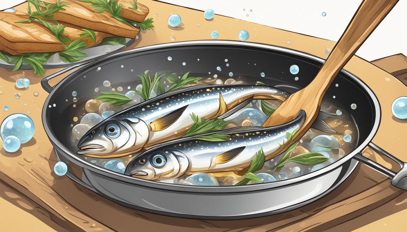 Anchovy fish sizzling in a hot pan, surrounded by bubbles and steam. A spatula flips the tiny fish as they turn golden brown