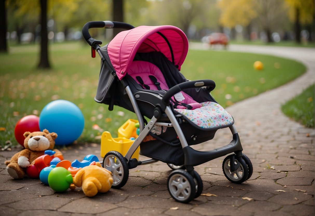 A stroller sits abandoned in a park, surrounded by scattered toys and a frustrated parent trying to coax their upset 2-year-old to sit inside