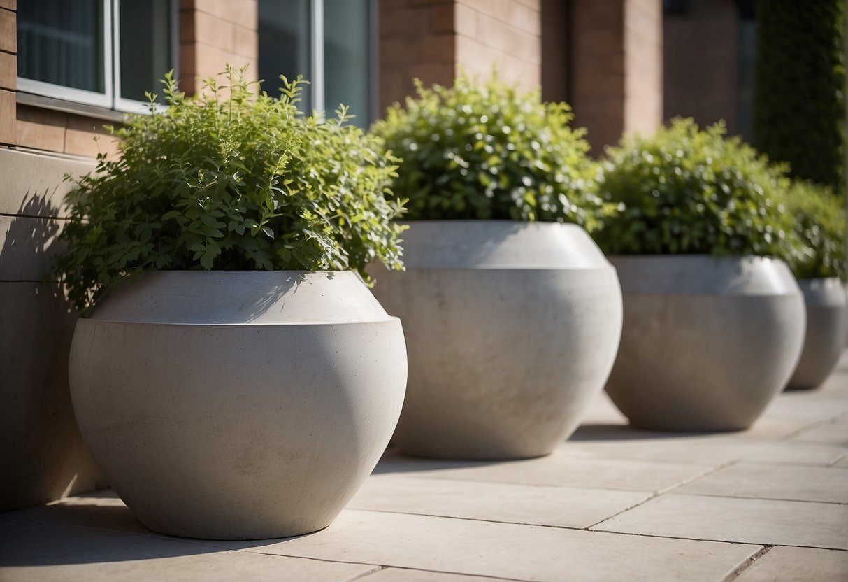 Large concrete pots placed and installed in a symmetrical pattern on a spacious outdoor patio