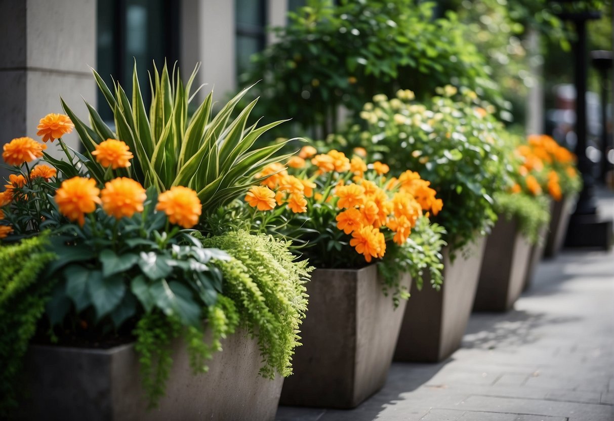 Lush green foliage and vibrant flowers fill large concrete pots, creating a beautiful display of plant selection for outdoor spaces