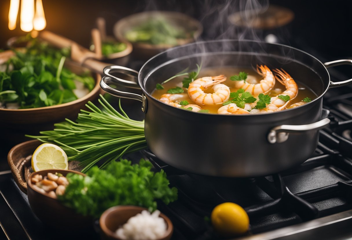 A steaming pot of prawn broth with ginger, garlic, and lemongrass simmering on a stove. Shrimp shells and aromatic herbs scattered nearby