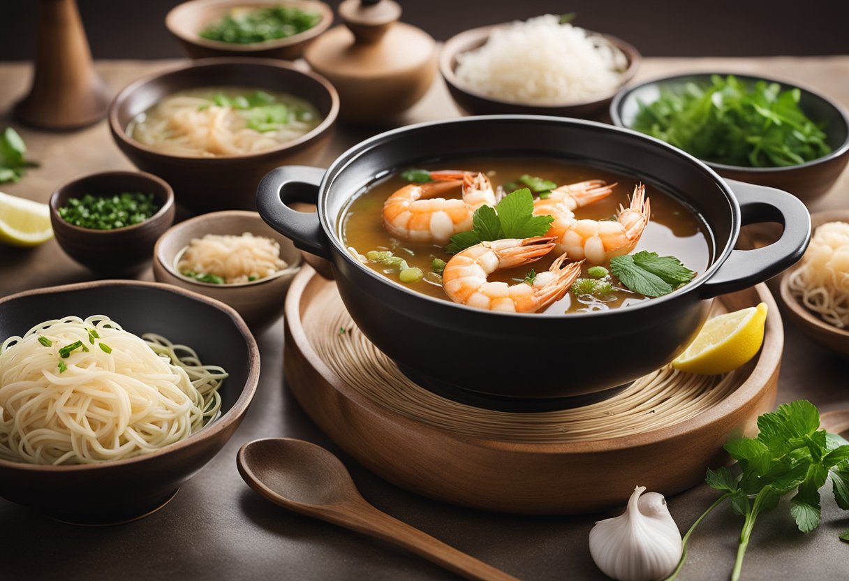 A steaming pot of Asian prawn broth with floating prawns, ginger, garlic, and lemongrass, surrounded by bowls of noodles and fresh herbs