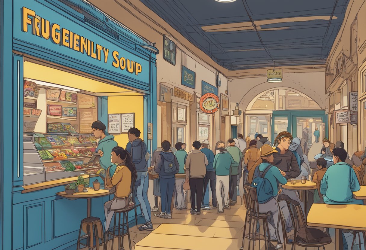 A bustling arcade with a steaming pot of fish soup at the center, surrounded by curious onlookers and a sign reading "Frequently Asked Questions."