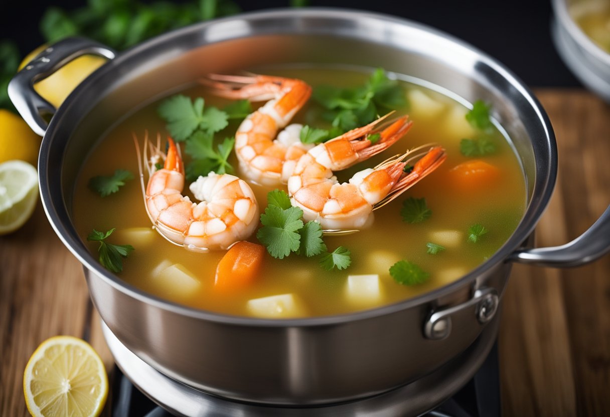 A steaming pot of aromatic asian prawn broth simmers on the stove, filled with vibrant ingredients like lemongrass, ginger, and chili. Steam rises as the flavors meld together, creating a mouthwatering aroma