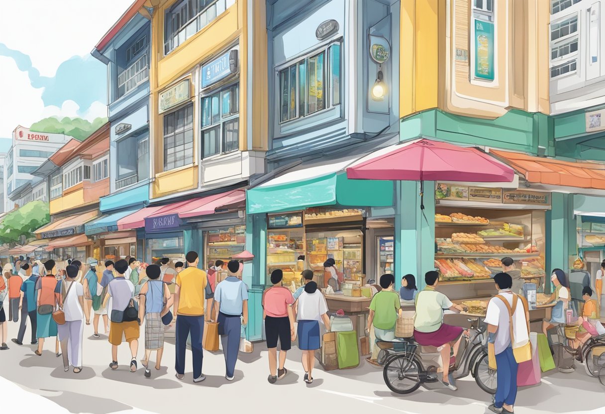 A bustling street in Ang Mo Kio Ave with colorful storefronts and bustling crowds outside Mellben Seafood restaurant in Singapore
