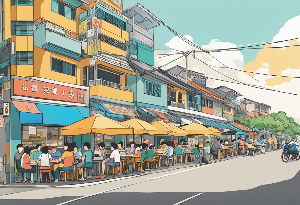 The bustling street of Ang Mo Kio Ave is lined with vibrant seafood restaurants, including the popular Mellben Seafood. Customers gather outside, eagerly perusing the menu and enjoying the lively atmosphere