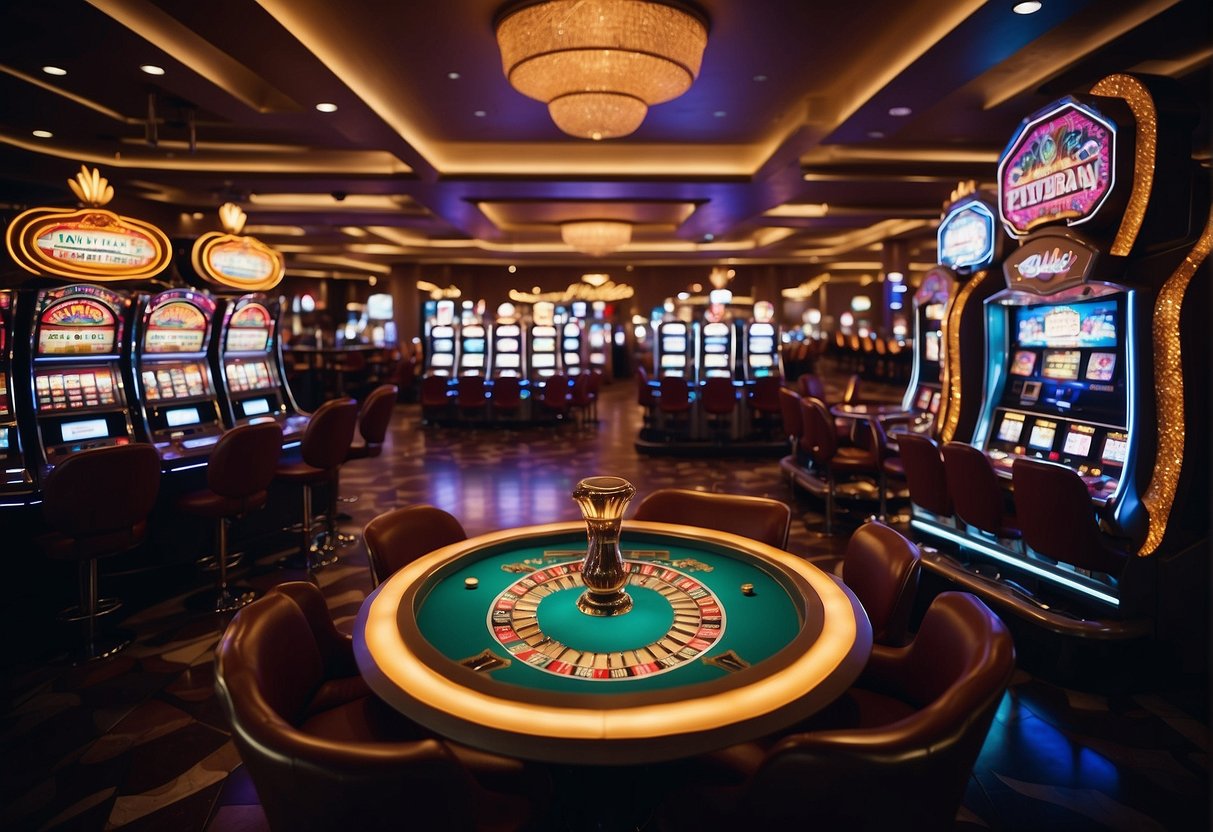 A vibrant casino setting with neon lights, slot machines, and card tables, exuding an atmosphere of excitement and entertainment