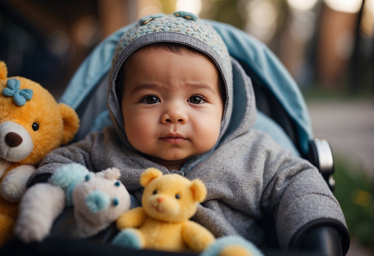 A 6-month-old sits comfortably in an umbrella stroller, surrounded by toys and a cozy blanket