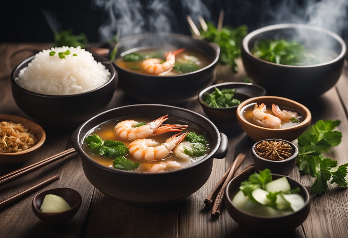 A steaming pot of Asian prawn broth with fragrant herbs and spices, surrounded by bowls and chopsticks on a wooden table