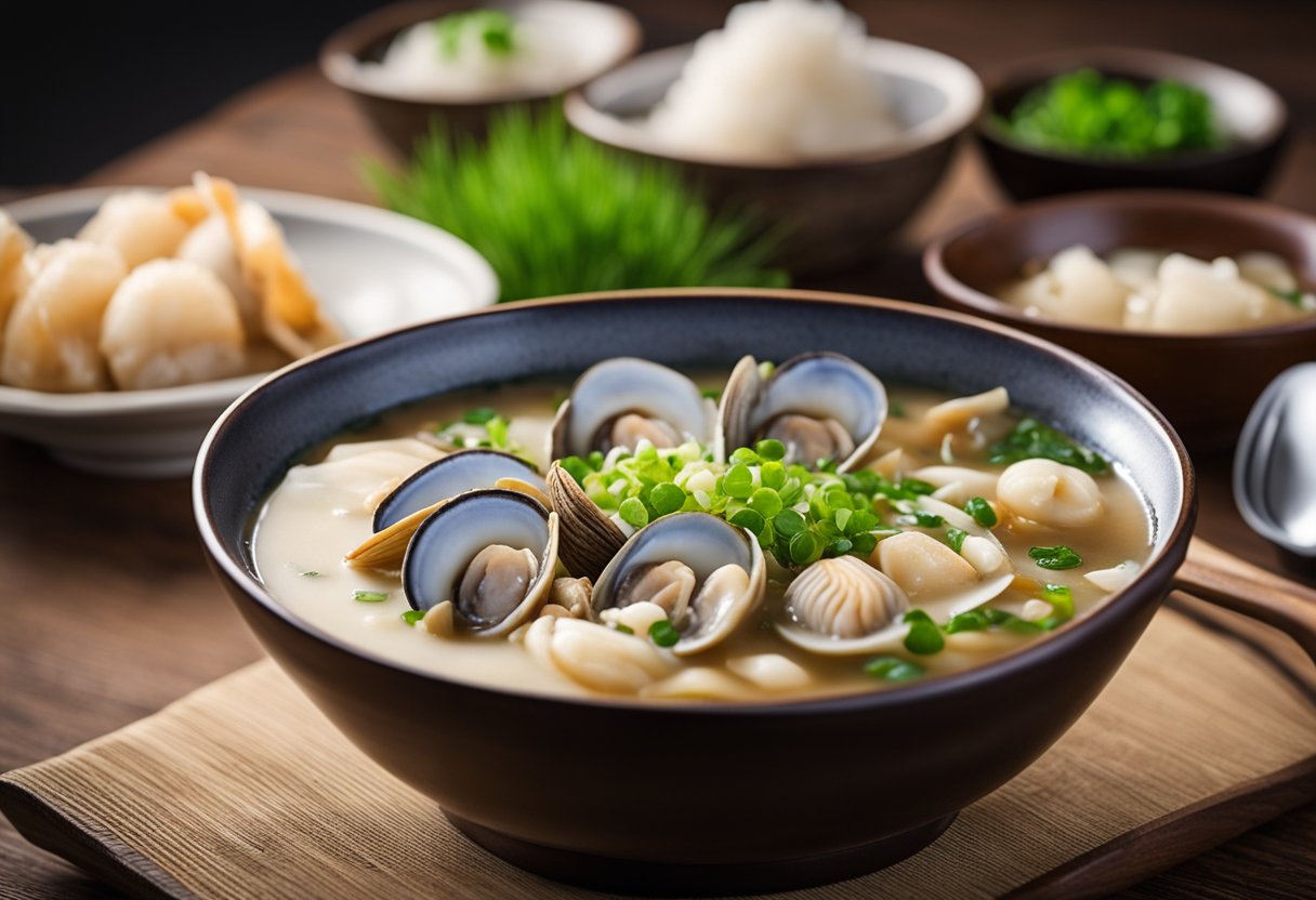 A steaming bowl of asari clam miso soup sits on a wooden table, garnished with green onions and floating pieces of tender clams