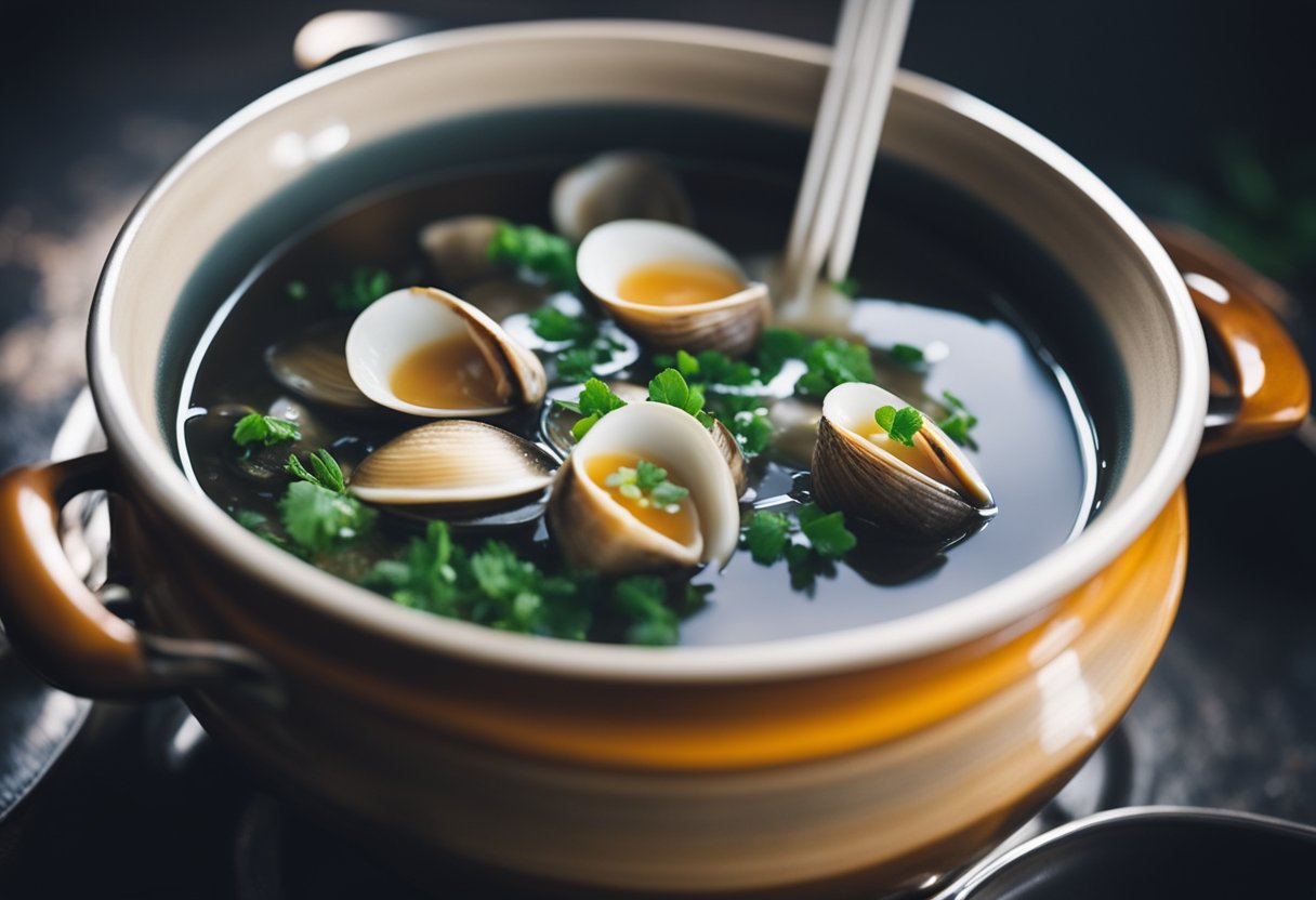 Asari clams simmer in a steaming pot of miso soup, while a ladle scoops the fragrant broth into a waiting bowl