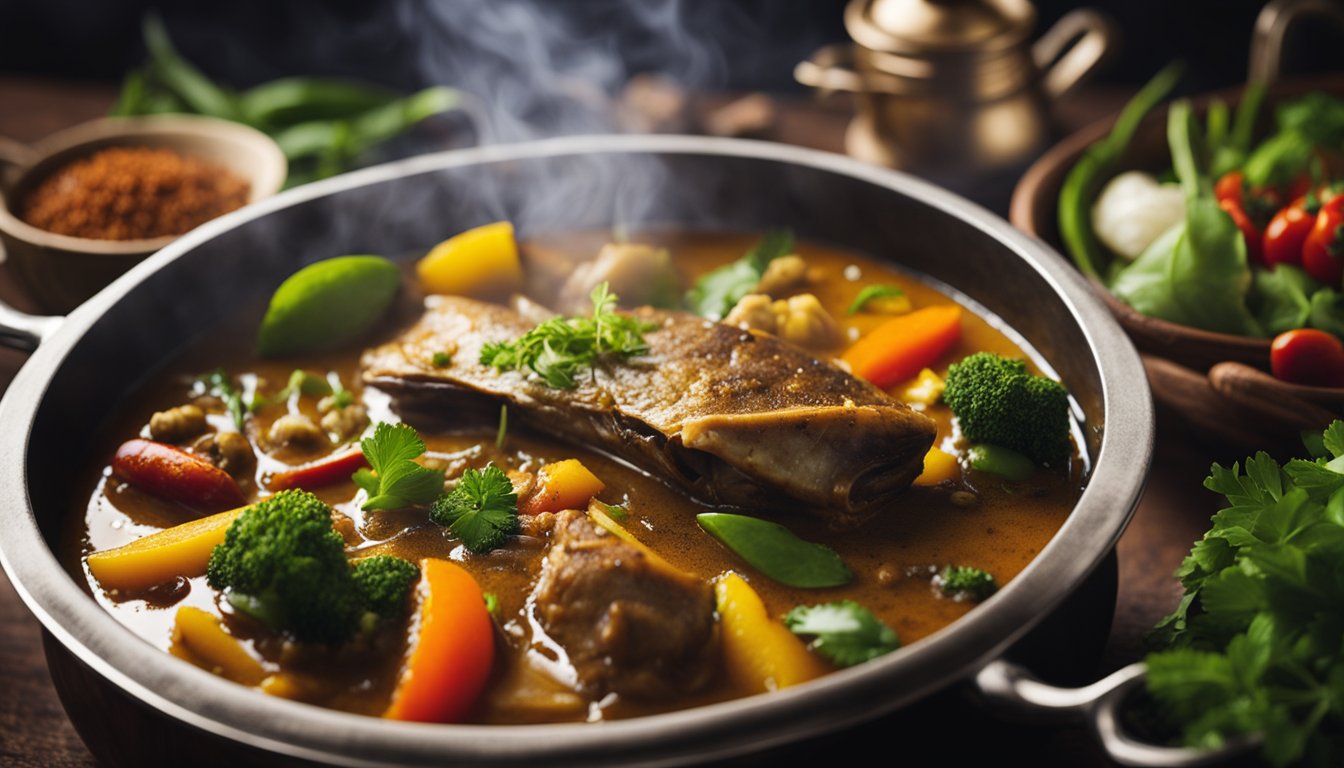 A steaming pot of Assam fish head curry simmering with aromatic spices and tangy tamarind, surrounded by vibrant vegetables and herbs