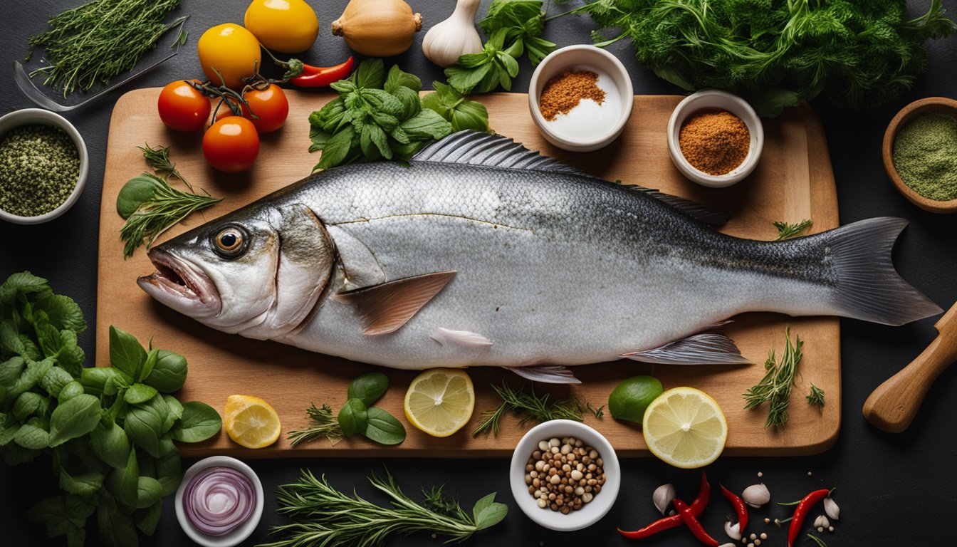 A large fish head sits on a cutting board surrounded by fresh herbs, spices, and condiments. A chef's knife is poised to begin the preparation process