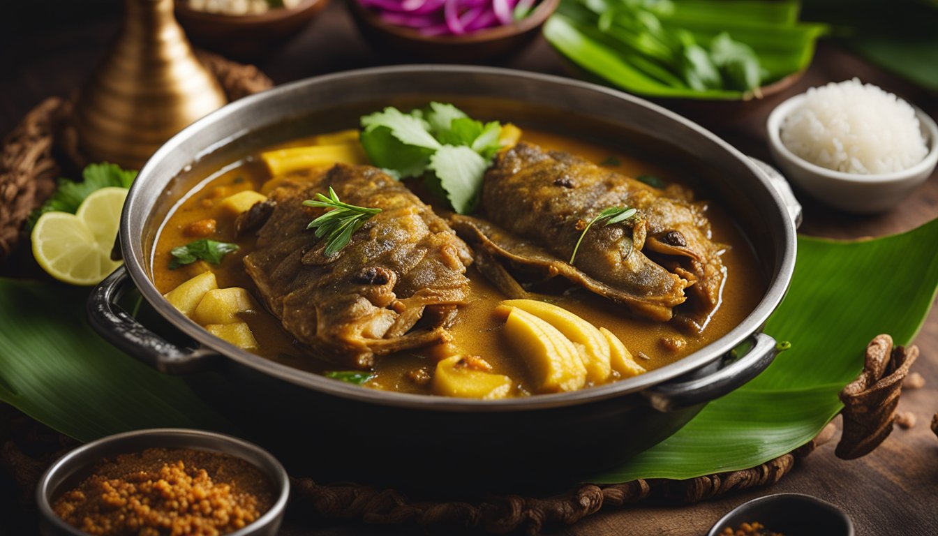 A steaming pot of Assam fish head curry is being served on a banana leaf, surrounded by aromatic spices and ingredients