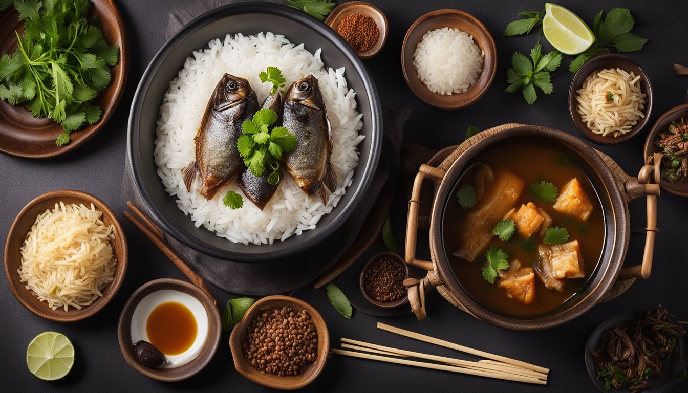 A steaming pot of Assam fish head soup, surrounded by assorted spices and ingredients, with a bowl of rice and a pair of chopsticks on the side