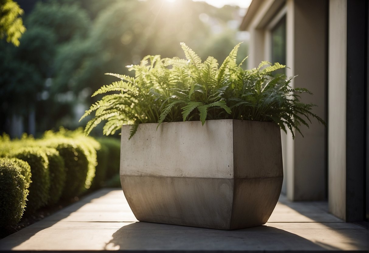 A concrete plant pot sits on a modern outdoor patio, surrounded by lush greenery and bathed in natural sunlight