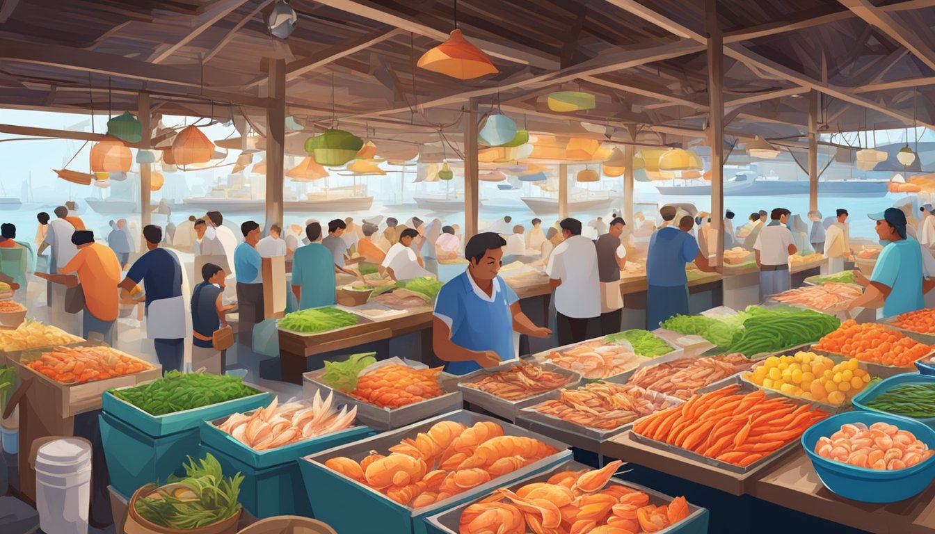 A bustling seafood market with colorful stalls and lively customers, surrounded by the aroma of fresh crabs and seafood