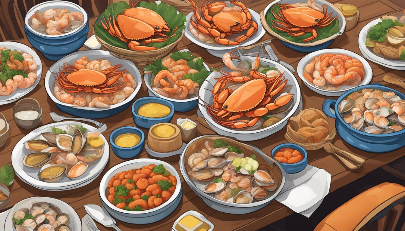 A table filled with steamed crabs, shrimp, and seafood dishes. Price tags displayed next to each item. Bright and inviting atmosphere