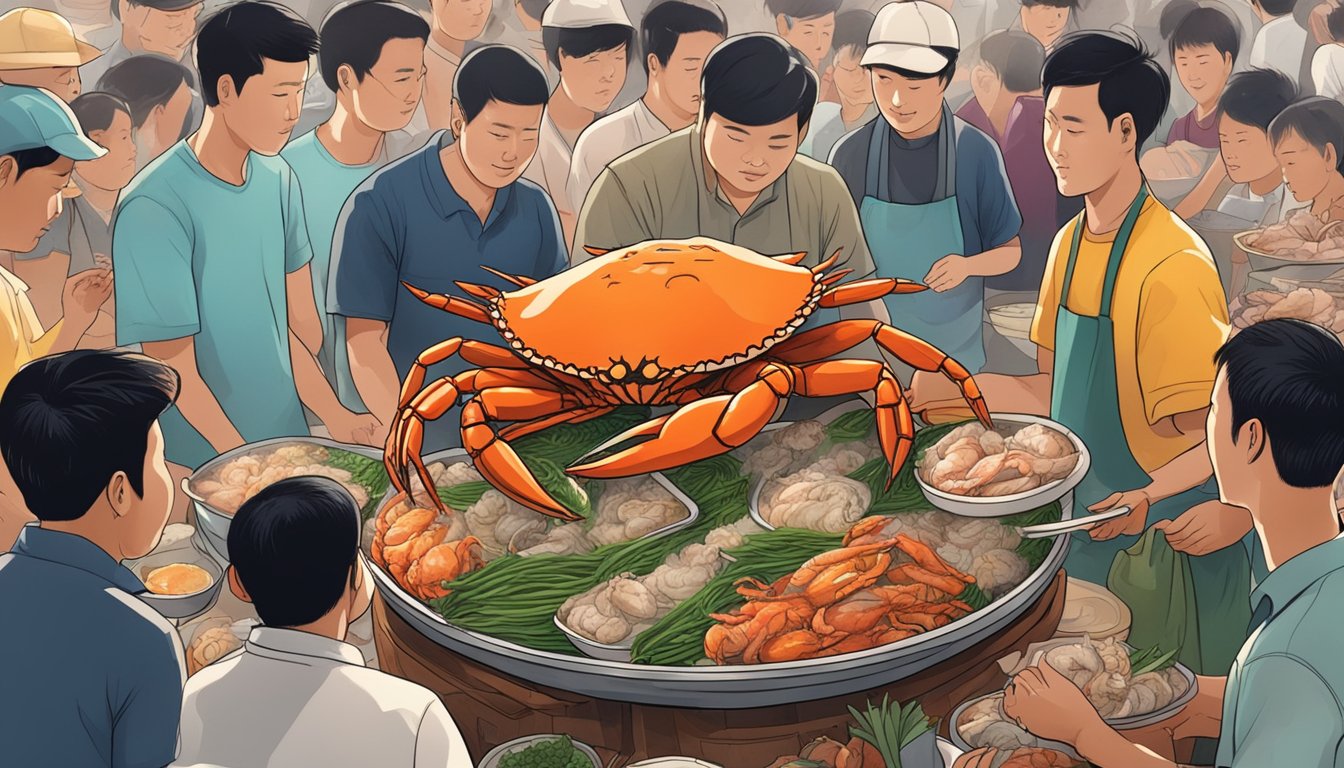 A steaming plate of ba wang crab seafood surrounded by curious onlookers at a bustling market