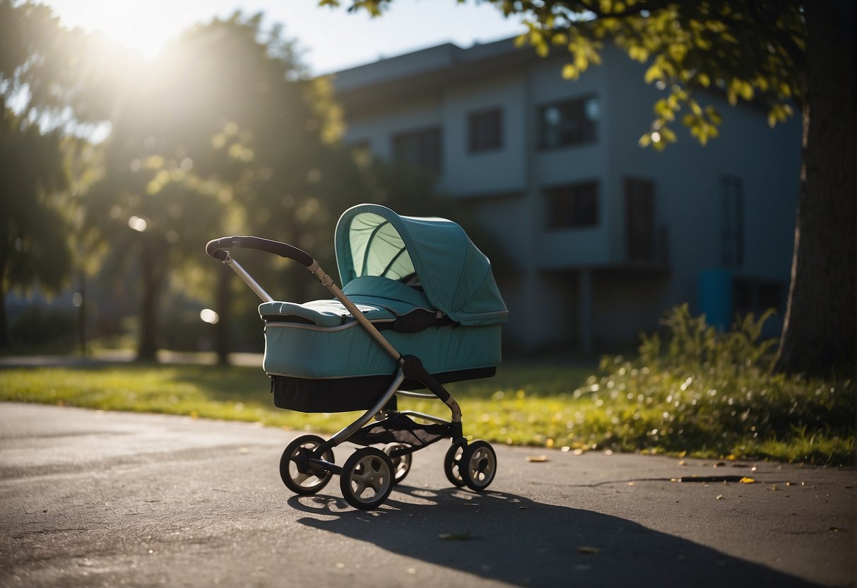 A worn-out stroller sits abandoned, its wheels squeaking and frame rusted. Nearby, a pile of discarded strollers hints at the frequent need for replacement