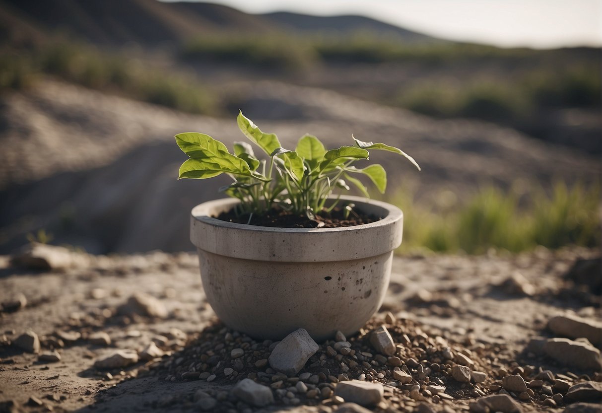 A concrete plant pot sits in a barren landscape, surrounded by cracked earth and wilted plants. Nearby, a polluted river flows sluggishly