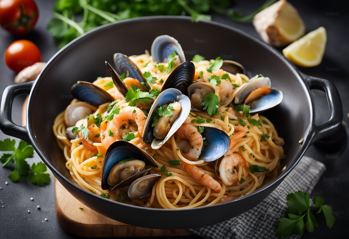 A steaming pot of al dente spaghetti tossed with fresh clams, mussels, and shrimp in a rich tomato and white wine sauce, sprinkled with freshly chopped parsley and grated Parmesan cheese