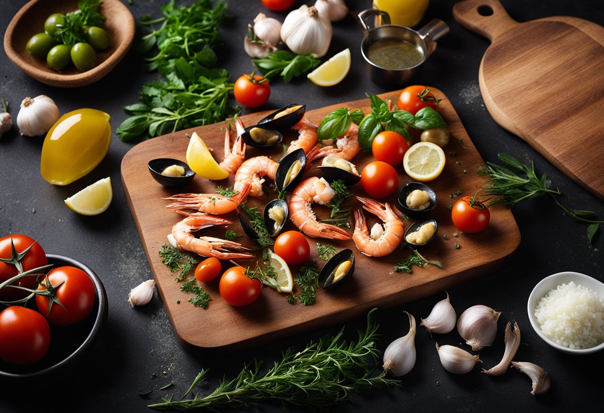A wooden cutting board with fresh seafood, tomatoes, garlic, and herbs. A pot of boiling water and a pan sizzling with olive oil