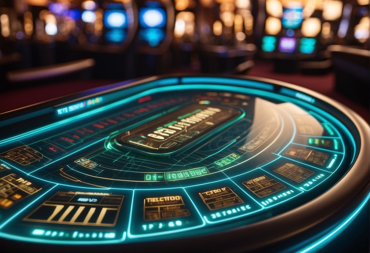 A sleek, modern casino table with digital screens displaying cryptocurrency logos. A transparent smart contract code is projected above, symbolizing trustless gambling