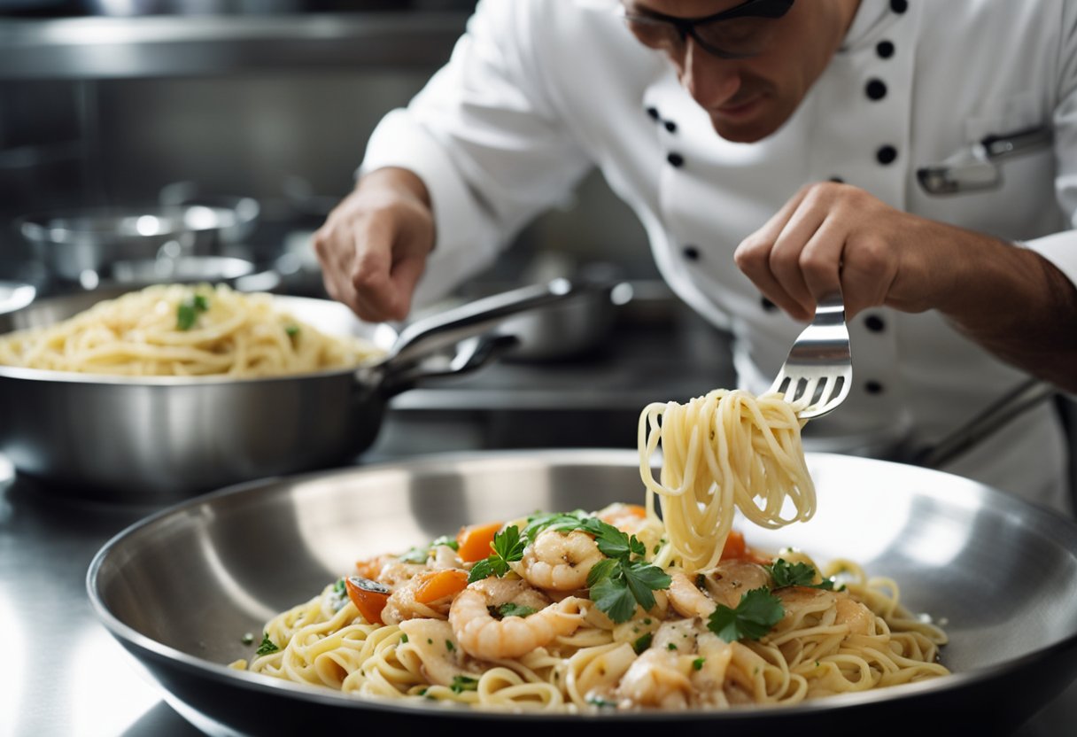 A chef prepares and serves a traditional Italian seafood pasta dish in a bustling kitchen