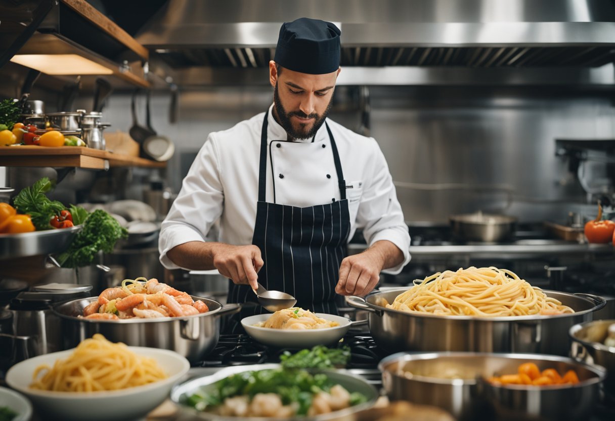 A chef prepares a traditional Italian seafood pasta dish, surrounded by fresh ingredients and cooking utensils