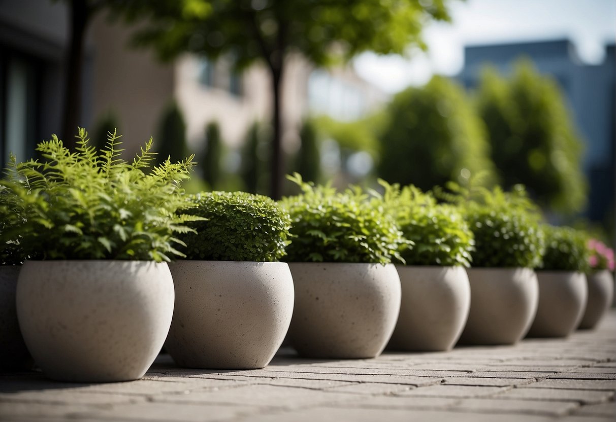 Several concrete pots arranged in a neat row, each varying in size and shape. They are placed on a paved sidewalk, with green foliage peeking out from within