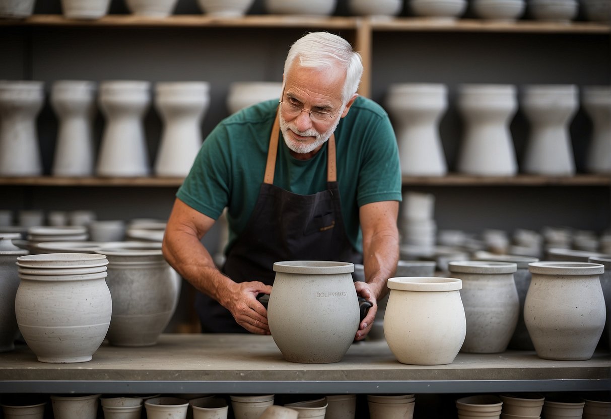 A customer examines various concrete pots at a Melbourne garden store, comparing sizes and designs. Labels display prices and product details