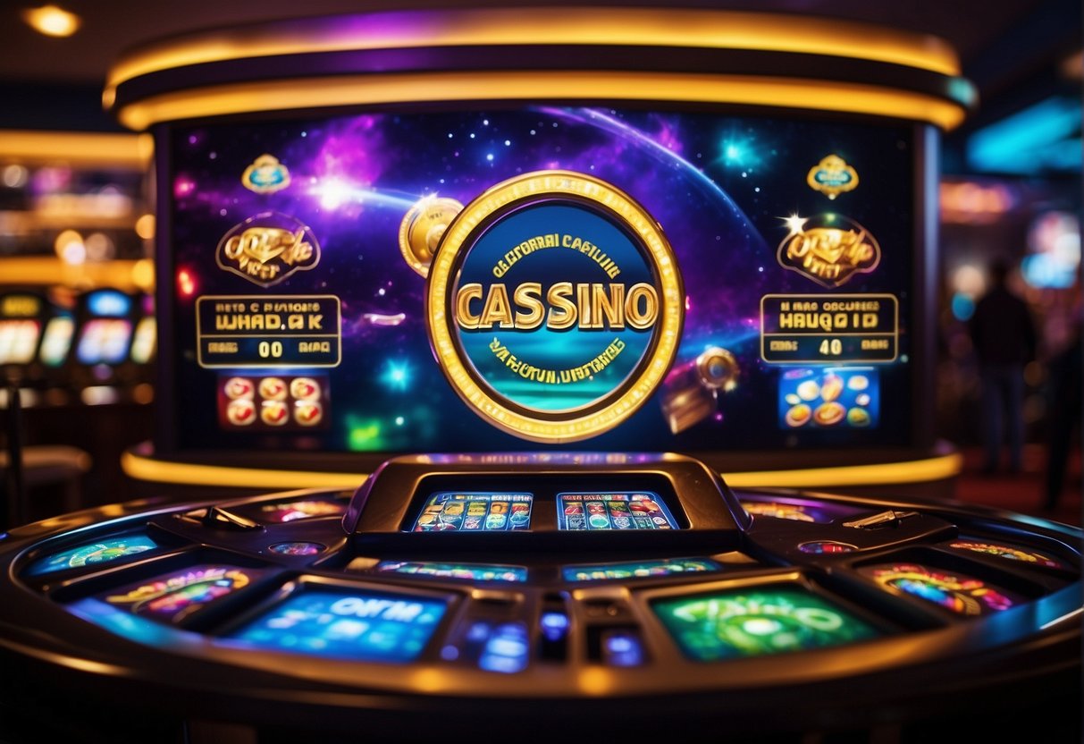Colorful casino games and logos from top providers displayed on a digital screen, surrounded by flashing lights and a lively atmosphere