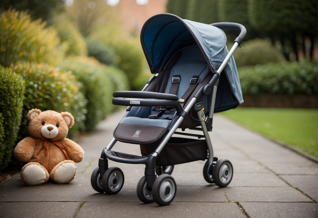 A sturdy pushchair sits empty, surrounded by toys and a small backpack. The setting suggests a child's independence and the question of their need for a pushchair at five years old