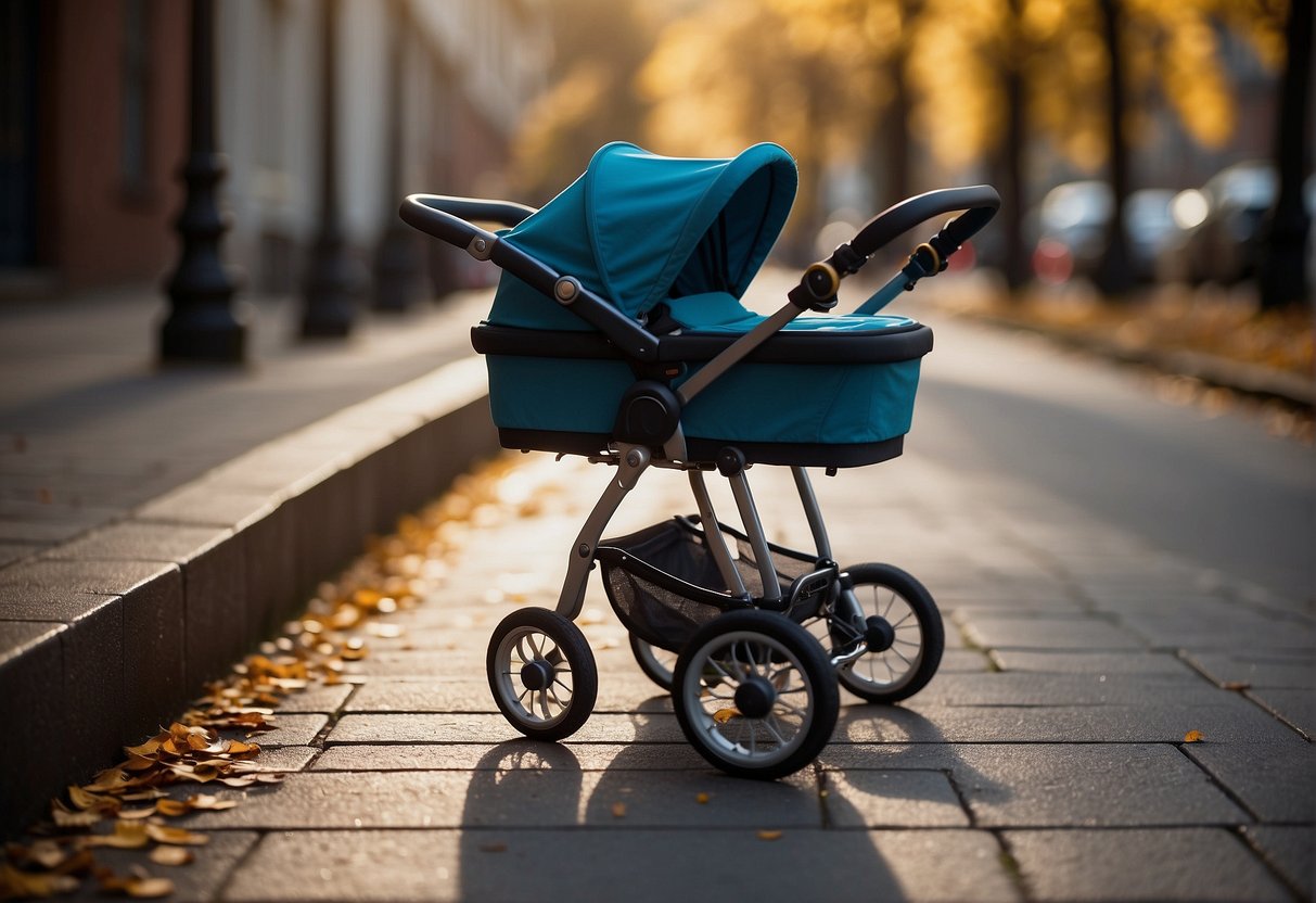 A pram left empty on a sidewalk, surrounded by scattered toys and a parent walking away